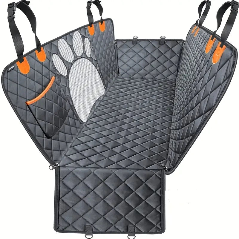 Velna Dog Car Seat Cover with paw-shaped mesh window and orange anchor straps