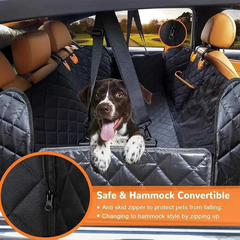 Dog resting in the Velna hammock-style car seat cover with the side zipper closed