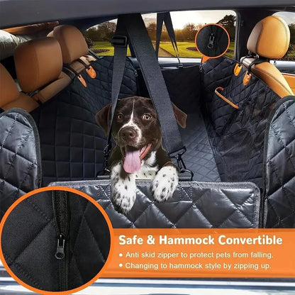 Dog resting in the Velna hammock-style car seat cover with the side zipper closed