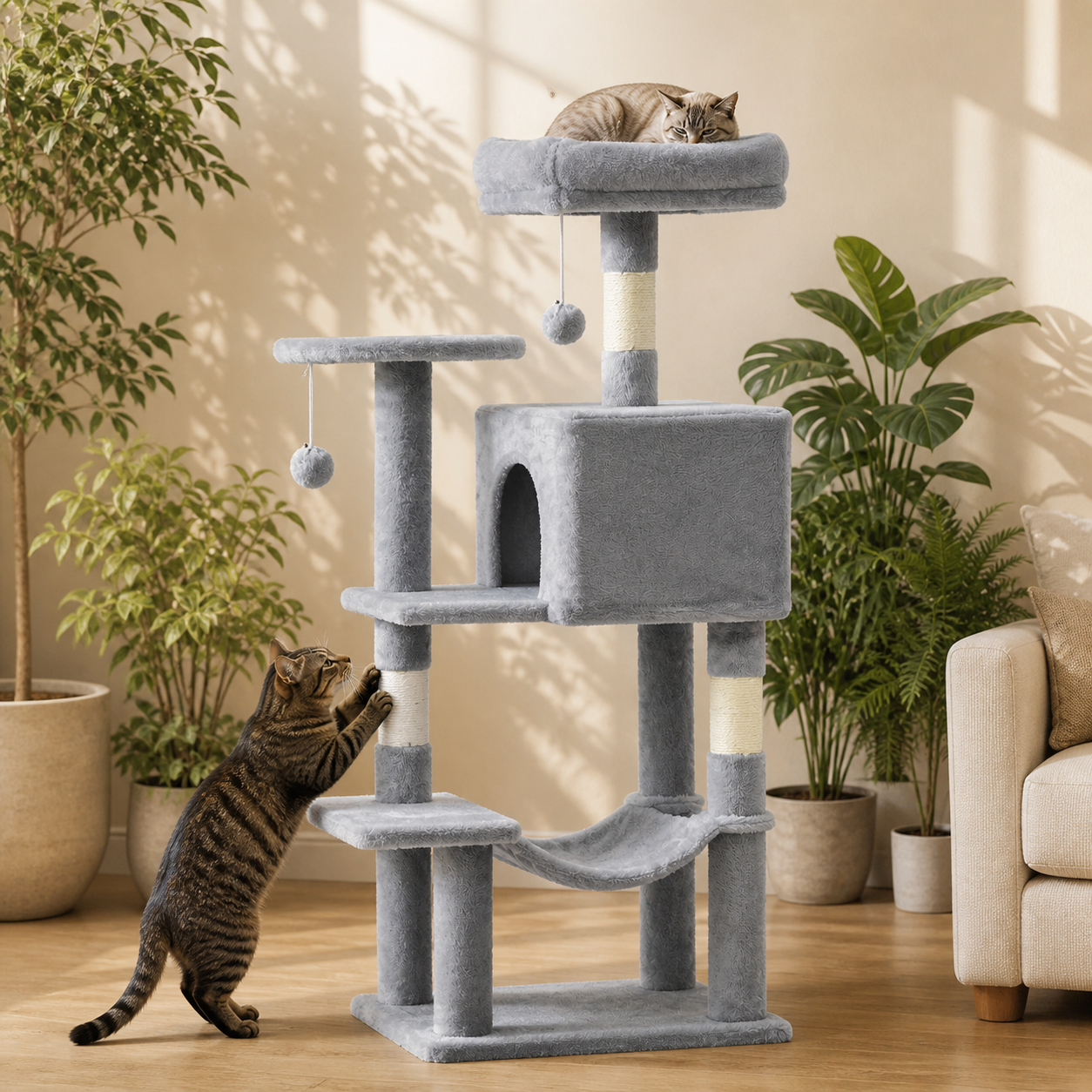 VELNA Cat Tree Tower – 44in Natural Sisal Climbing Frame