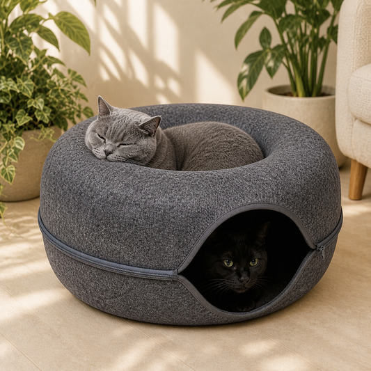 VELNA Cat Tunnel Bed – 2-in-1 Plush Donut & Hideaway