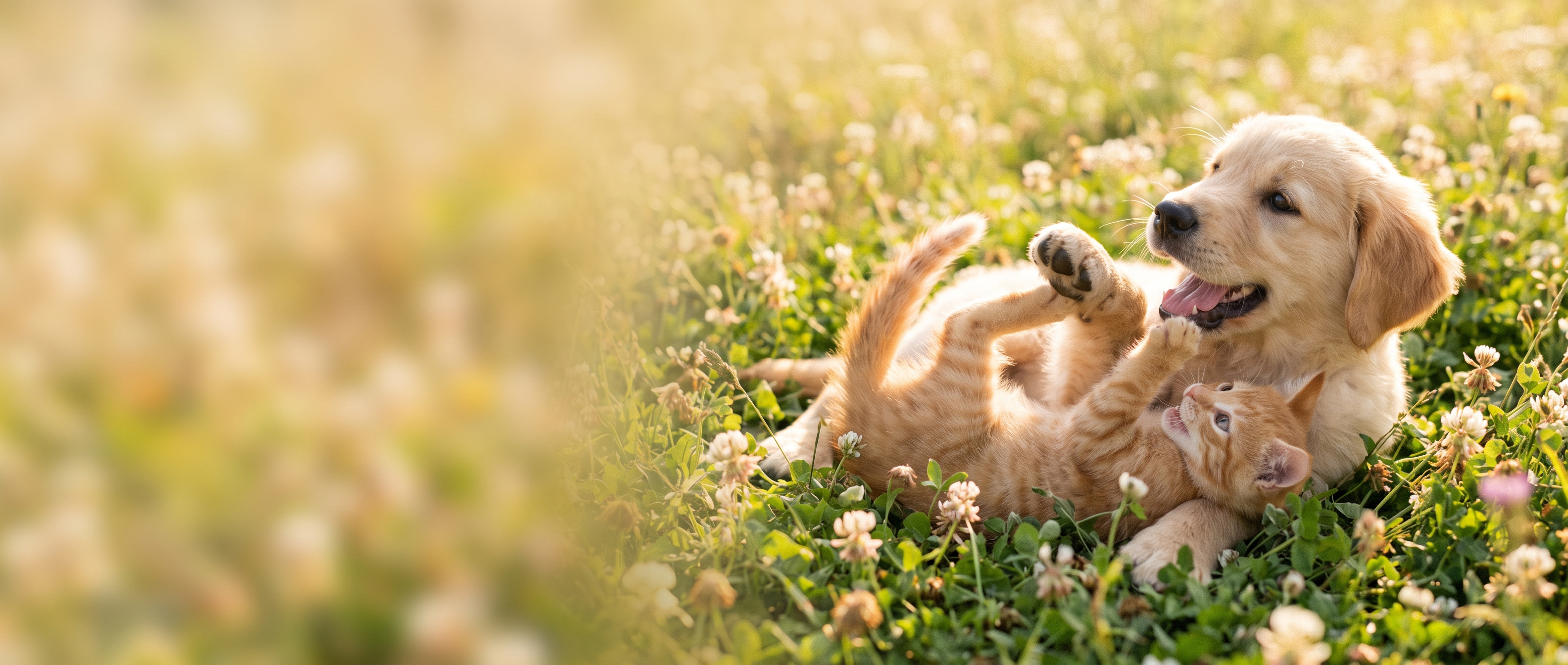 Golden retriever puppy and ginger kitten playing together in sunlit clover