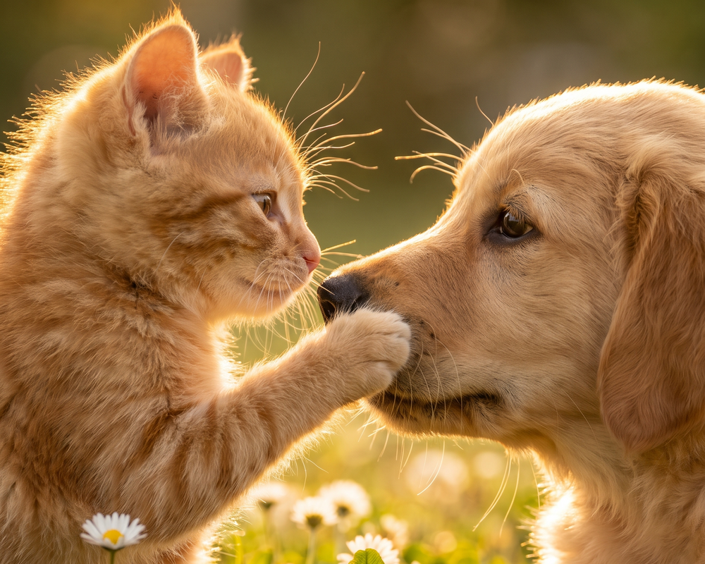 Golden retriever puppy and ginger kitten nose to nose in sunlit clover