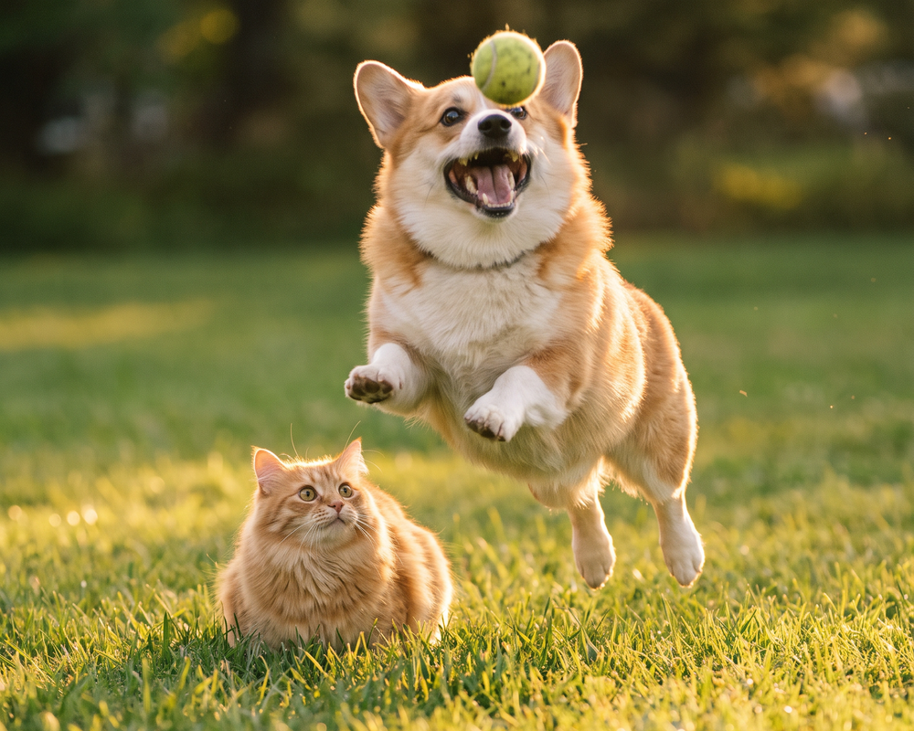 Hero variant D mobile — corgi jumping for a ball with a ginger cat watching