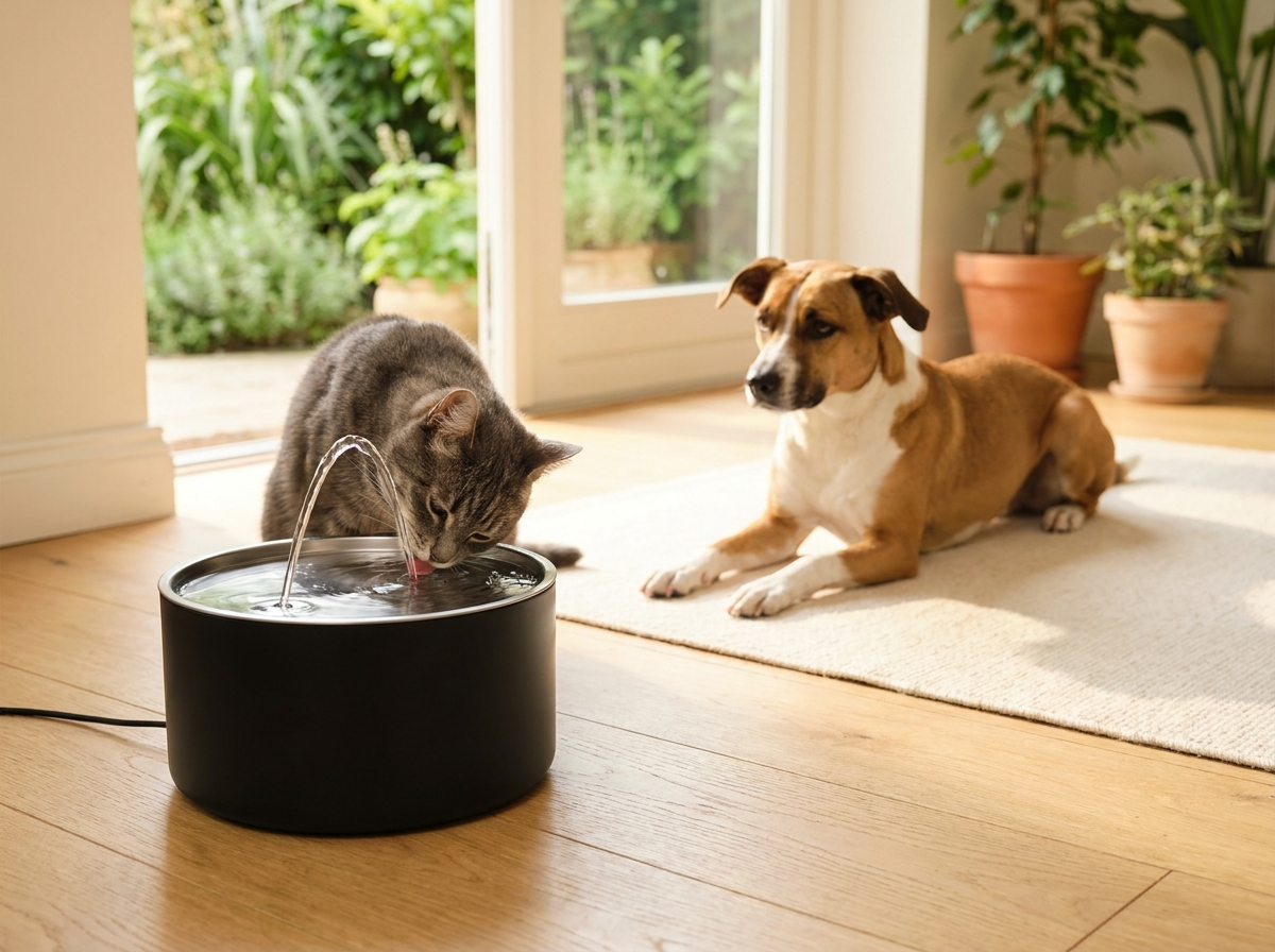 Cat drinking from a Velna stainless steel pet fountain with a dog resting nearby